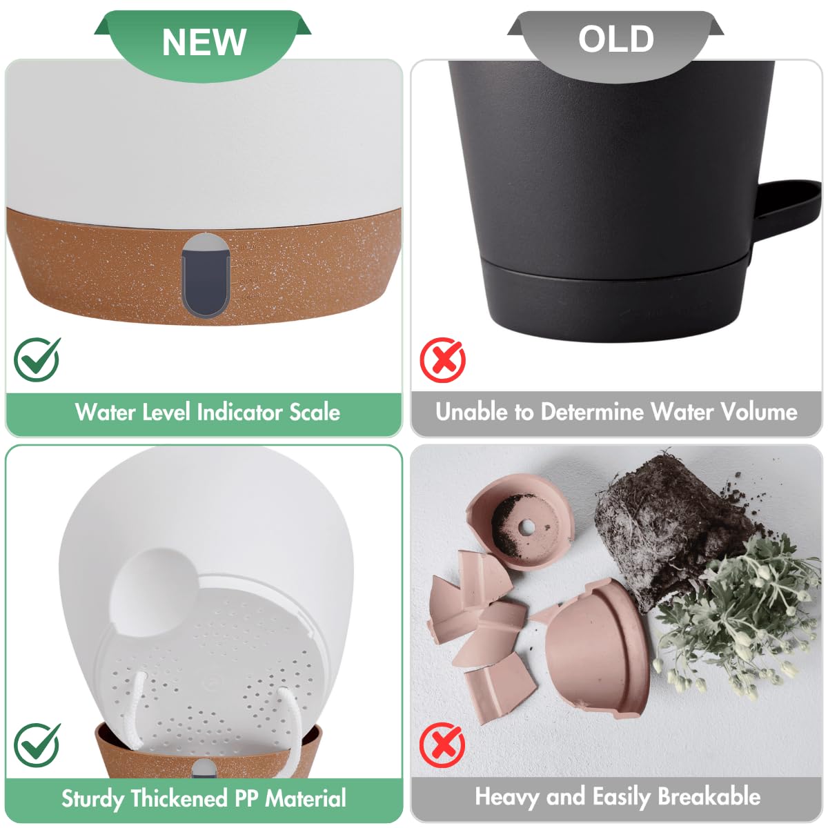 12/10/8 Inch Self Watering Pots for Indoor Plants Plastic Large Plant Pot for Outdoor Plants, Water Level Window & Spacious Reservoir Flower Pots Decorative Planter with Drainage and Tray (Black)