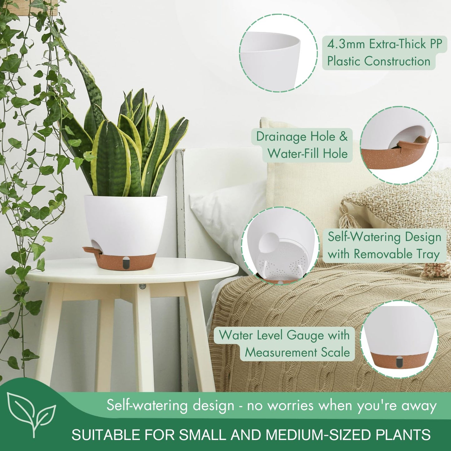 12/10/8 Inch Self Watering Pots for Indoor Plants Plastic Large Plant Pot for Outdoor Plants, Water Level Window & Spacious Reservoir Flower Pots Decorative Planter with Drainage and Tray (Black)