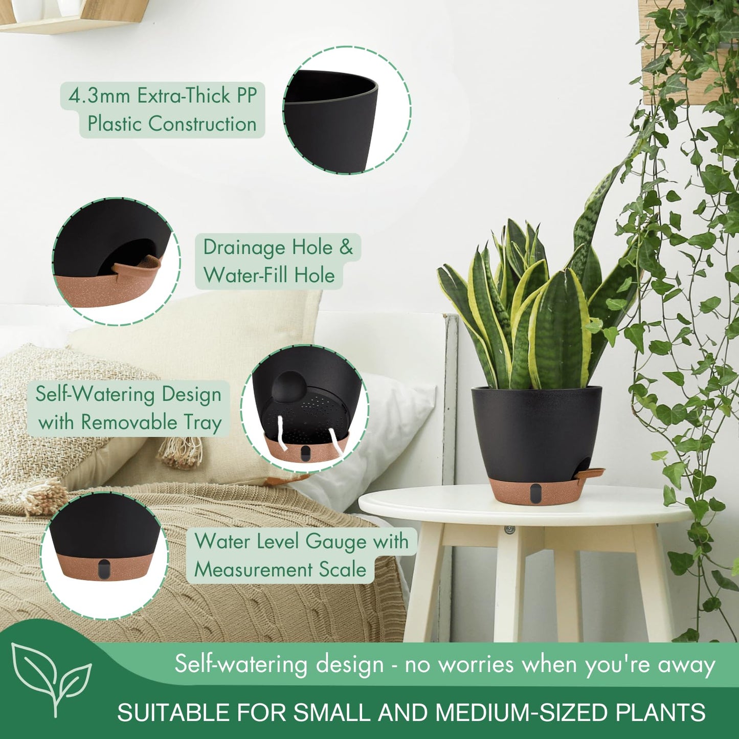 12/10/8 Inch Self Watering Pots for Indoor Plants Plastic Large Plant Pot for Outdoor Plants, Water Level Window & Spacious Reservoir Flower Pots Decorative Planter with Drainage and Tray (Black)