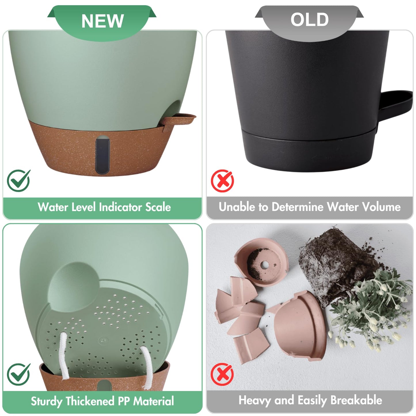 12/10/8 Inch Self Watering Pots for Indoor Plants Plastic Large Plant Pot for Outdoor Plants, Water Level Window & Spacious Reservoir Flower Pots Decorative Planter with Drainage and Tray (Black)