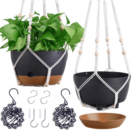 Set of 2-10 Inch Hanging Planters for Indoor Plants with Self-Watering Includes Hanging Pots for Plants, Outdoor Hanging Plant Pot with Drainage, and 2 Types of Hanging Baskets Hangers (White, 10inch)