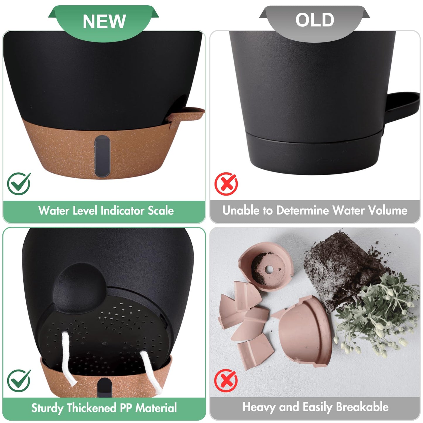 12/10/8 Inch Self Watering Pots for Indoor Plants Plastic Large Plant Pot for Outdoor Plants, Water Level Window & Spacious Reservoir Flower Pots Decorative Planter with Drainage and Tray (Black)