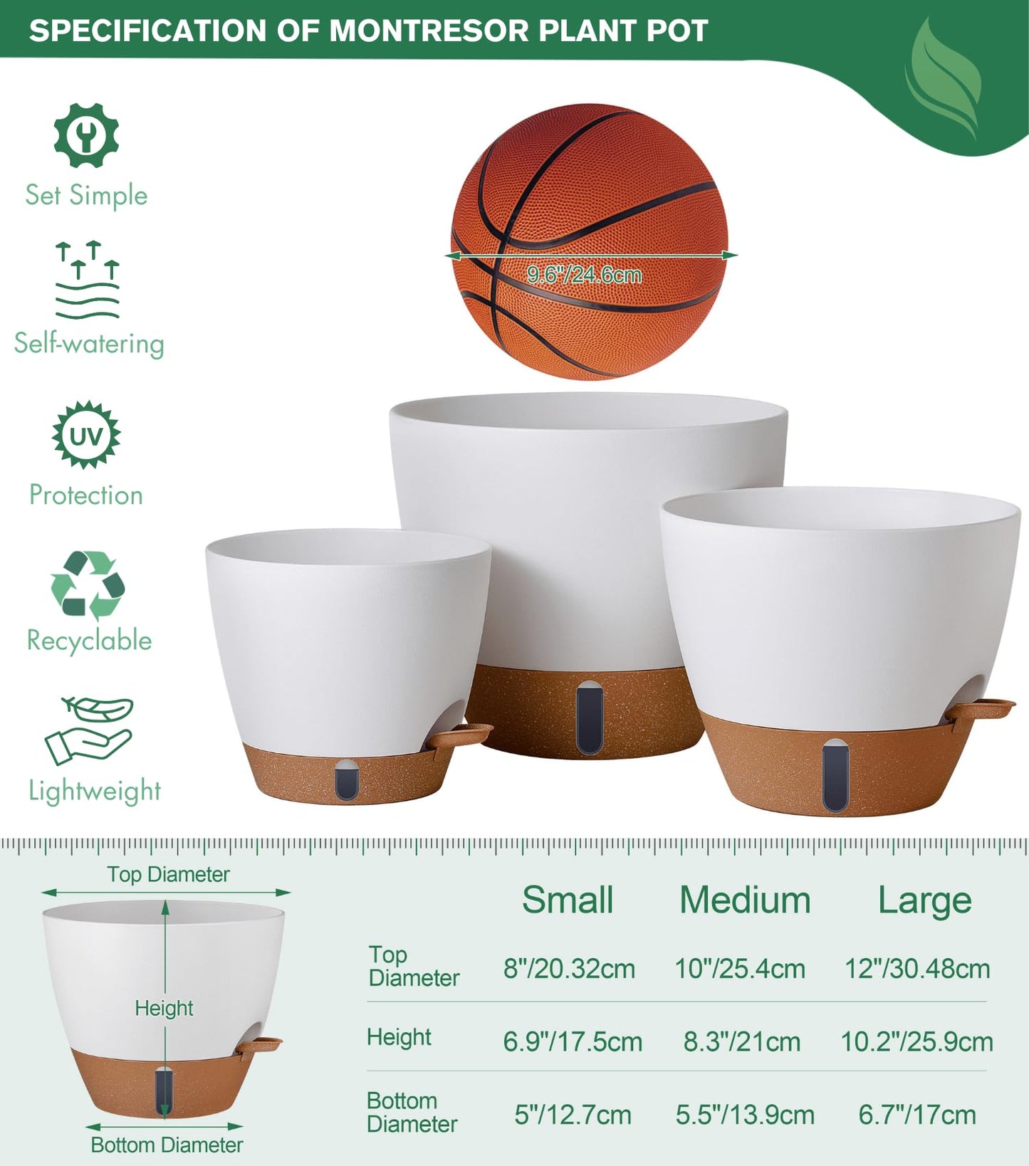 12/10/8 Inch Self Watering Pots for Indoor Plants Plastic Large Plant Pot for Outdoor Plants, Water Level Window & Spacious Reservoir Flower Pots Decorative Planter with Drainage and Tray (Black)