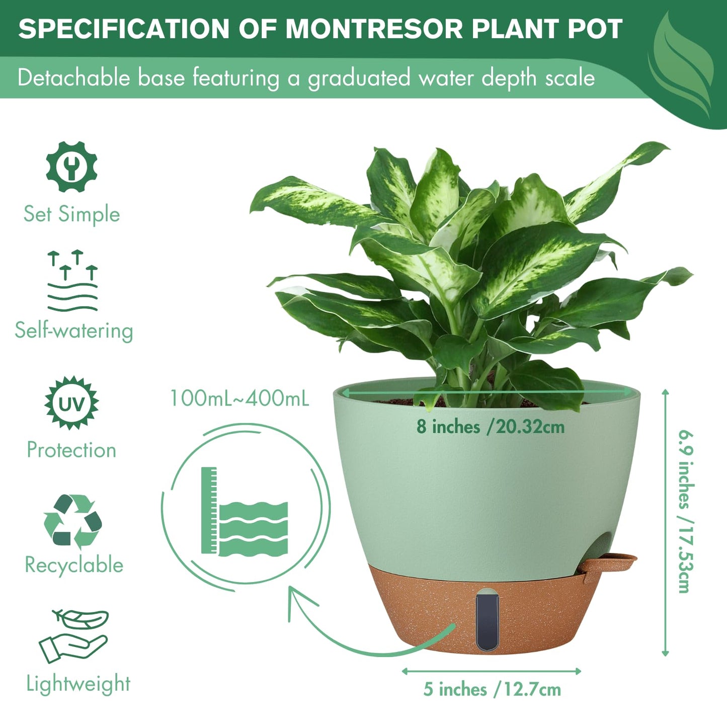 12/10/8 Inch Self Watering Pots for Indoor Plants Plastic Large Plant Pot for Outdoor Plants, Water Level Window & Spacious Reservoir Flower Pots Decorative Planter with Drainage and Tray (Black)