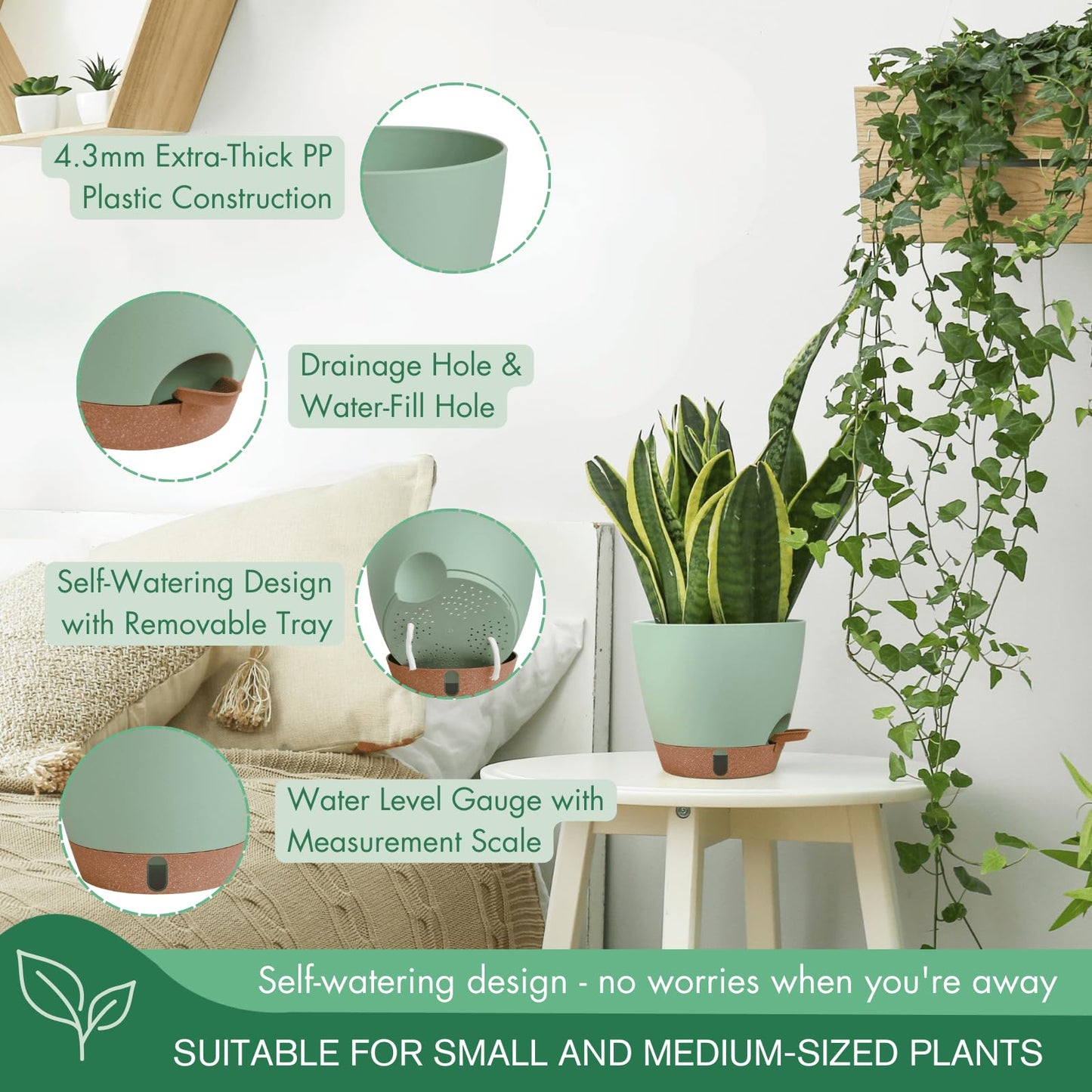 12/10/8 Inch Self Watering Pots for Indoor Plants Plastic Large Plant Pot for Outdoor Plants, Water Level Window & Spacious Reservoir Flower Pots Decorative Planter with Drainage and Tray (Black)