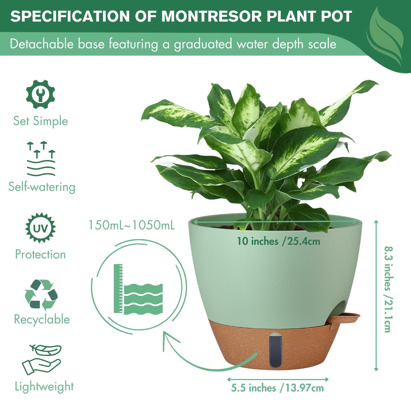 12/10/8 Inch Self Watering Pots for Indoor Plants Plastic Large Plant Pot for Outdoor Plants, Water Level Window & Spacious Reservoir Flower Pots Decorative Planter with Drainage and Tray (Black)