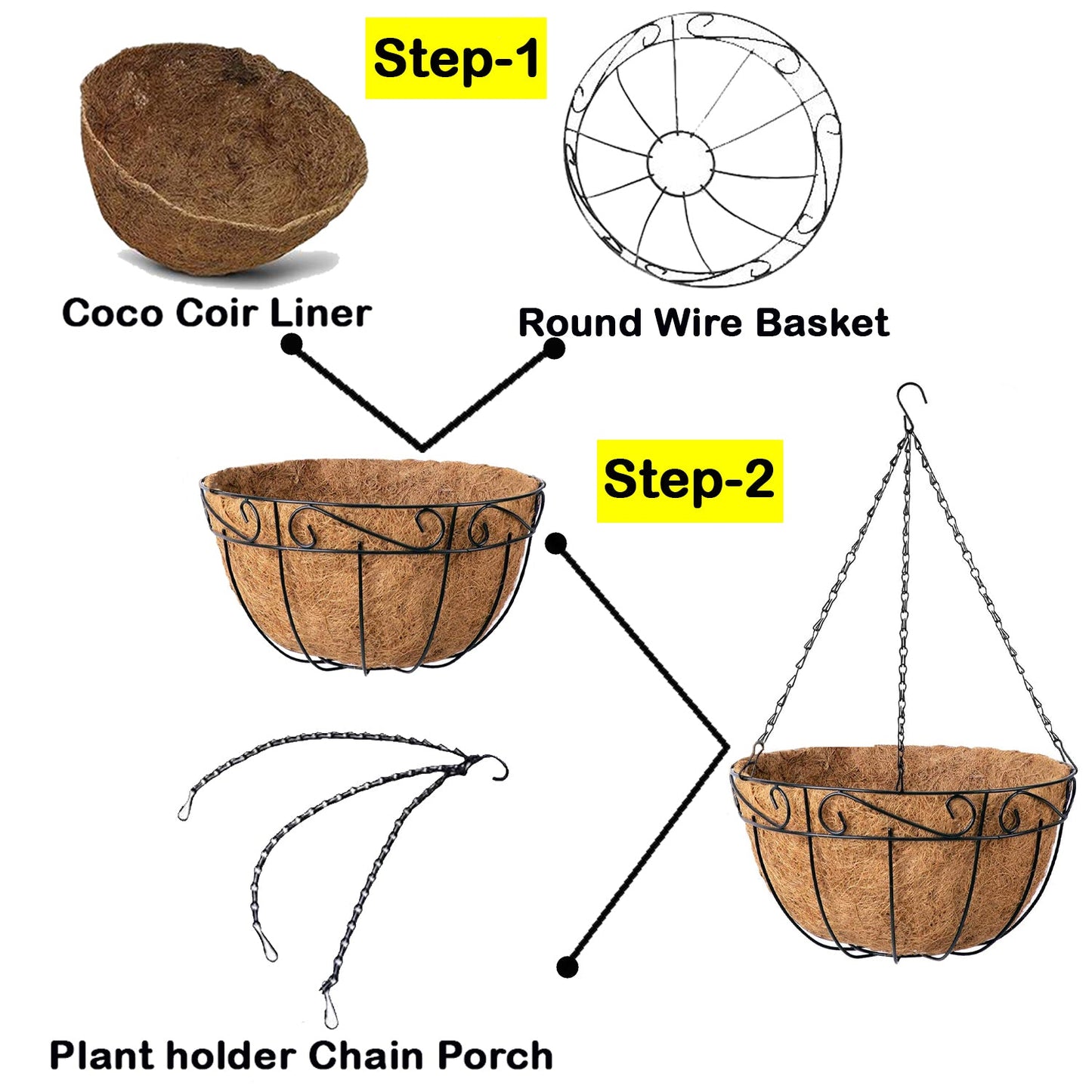 Montresor Metal Hanging Planter Basket with Coco Coir Liner Round Wire